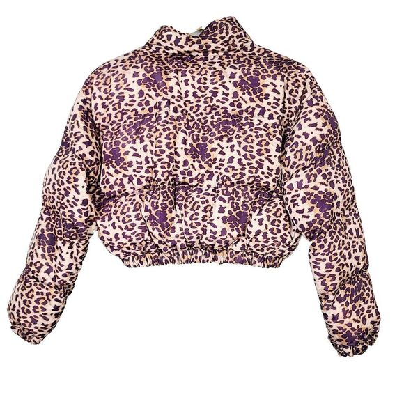 Lovers + Friends Cropped Puffer Jacket XS Brown Animal Leopard Print Full-Zip - Picture 3 of 10